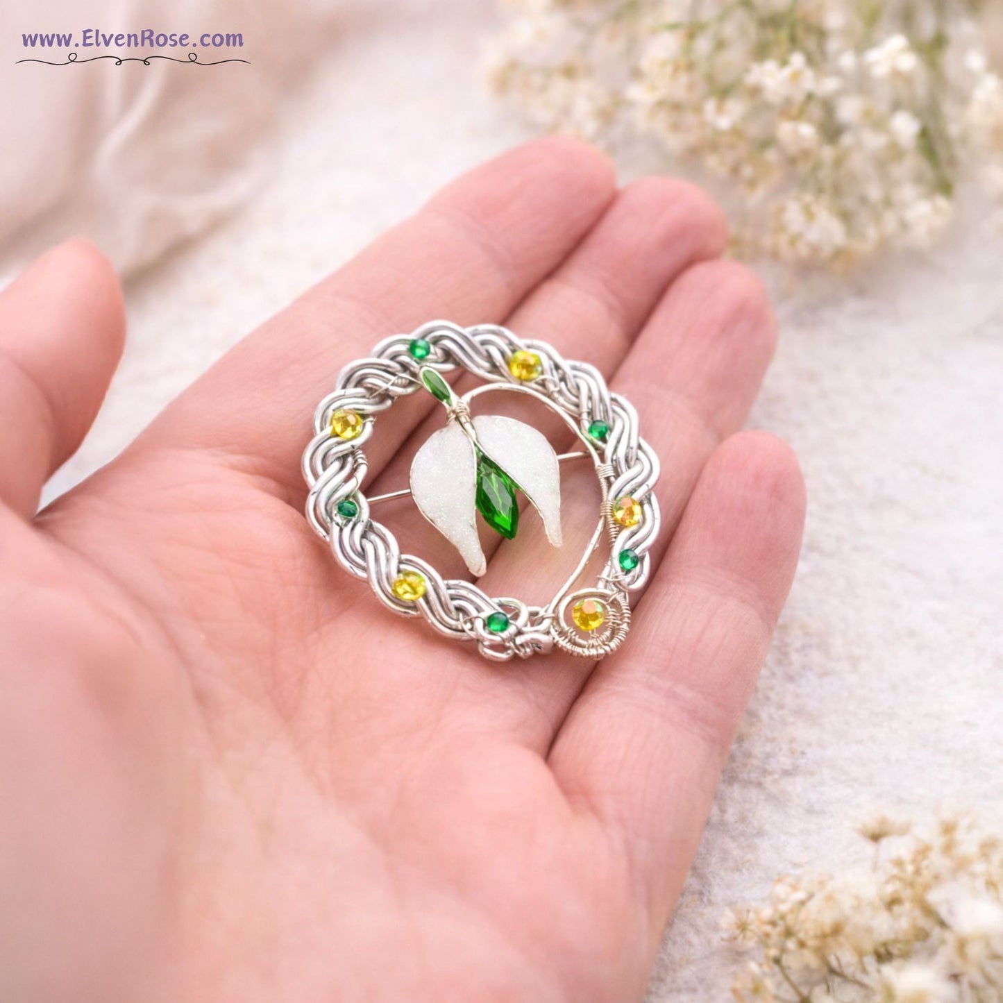 Verdant Grove Mărțișor Brooch – Enchanted Silver - Plated Wreath with Crystals - Elven Rose