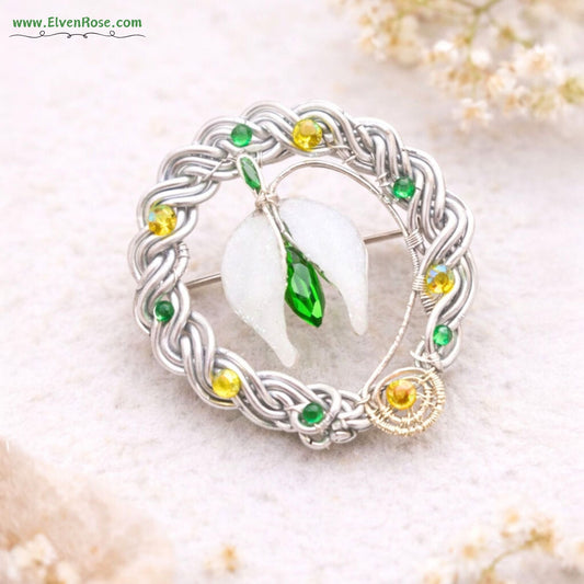 Verdant Grove Mărțișor Brooch – Enchanted Silver - Plated Wreath with Crystals - Elven Rose