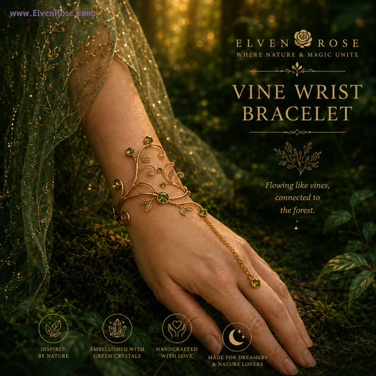 Vine Wrist Bracelet – Fantasy Elven Hand Jewelry with Green Crystals - Elven Rose
