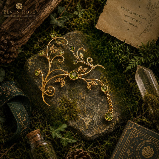 Vine Wrist Bracelet – Fantasy Elven Hand Jewelry with Green Crystals - Elven Rose