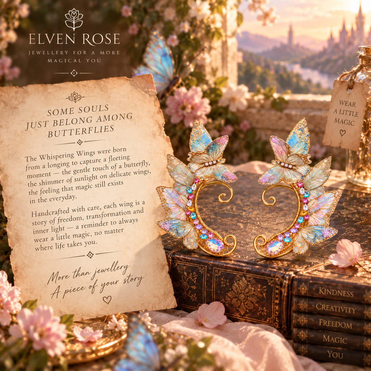 Whispering Wings Butterfly Ear Cuffs - Elven Rose