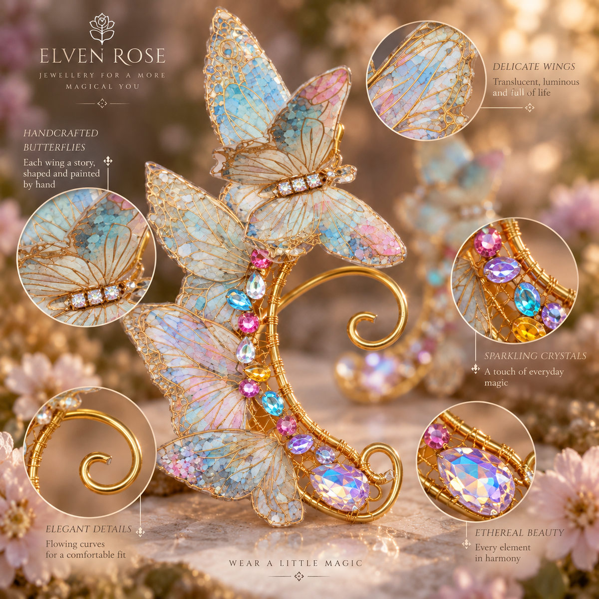 Whispering Wings Butterfly Ear Cuffs - Elven Rose