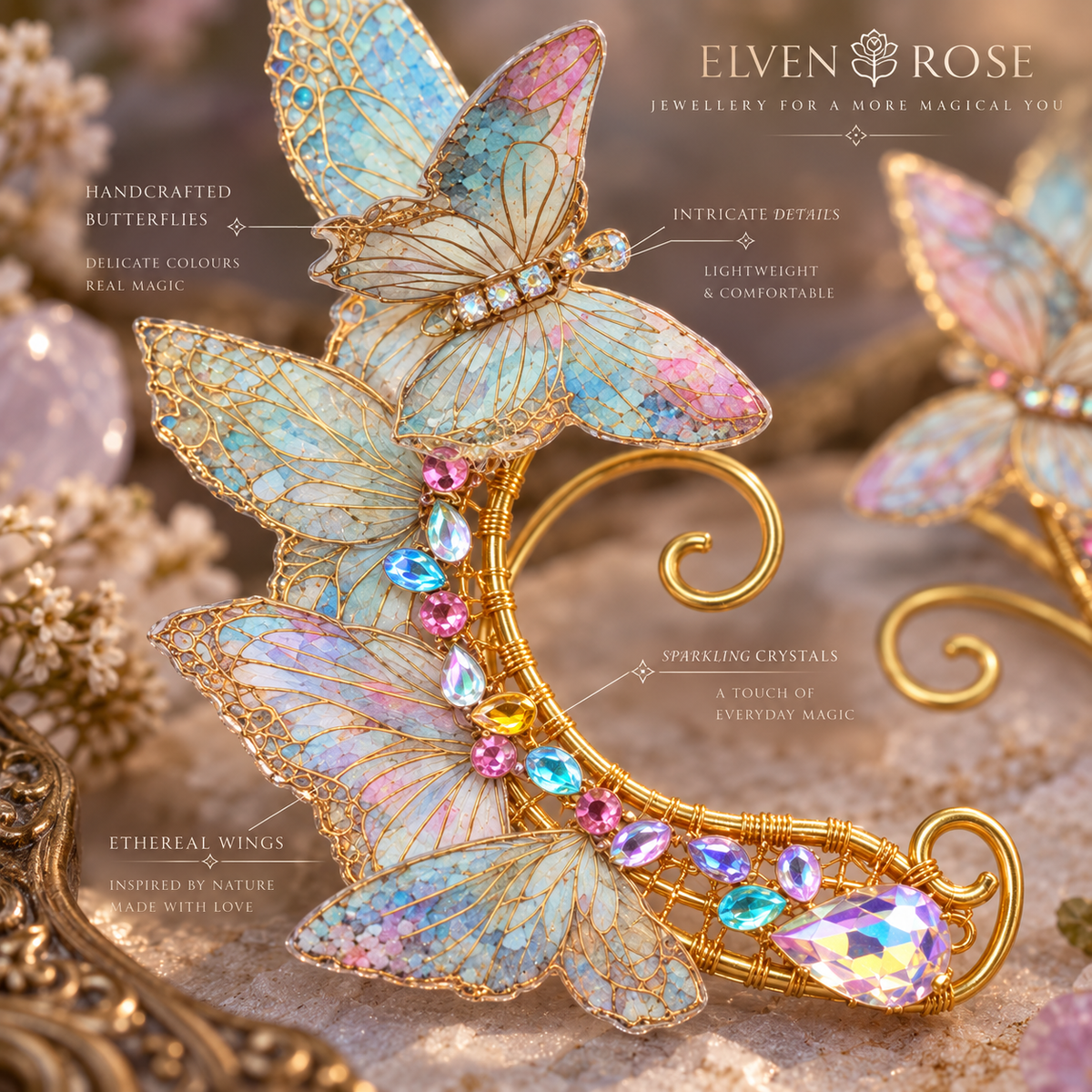 Whispering Wings Butterfly Ear Cuffs - Elven Rose