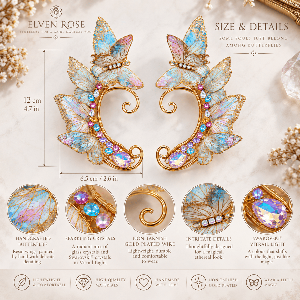 Whispering Wings Butterfly Ear Cuffs - Elven Rose