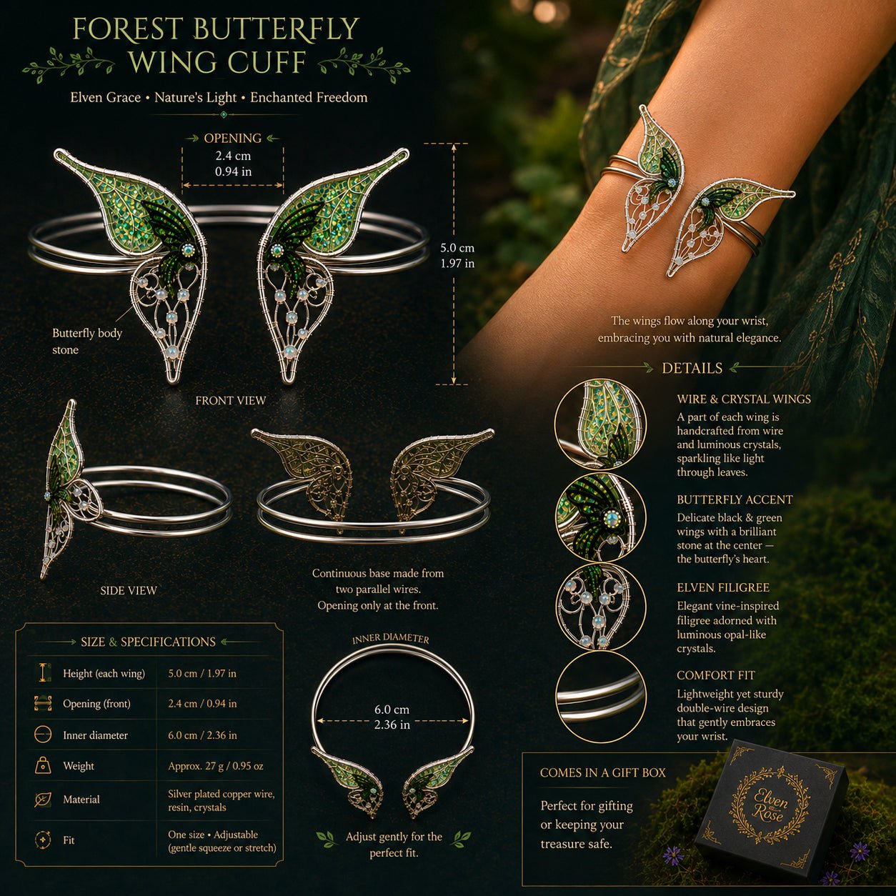 Wings of the Glimmerwood – Fantasy Butterfly Wing Cuff Bracelet - Elven Rose
