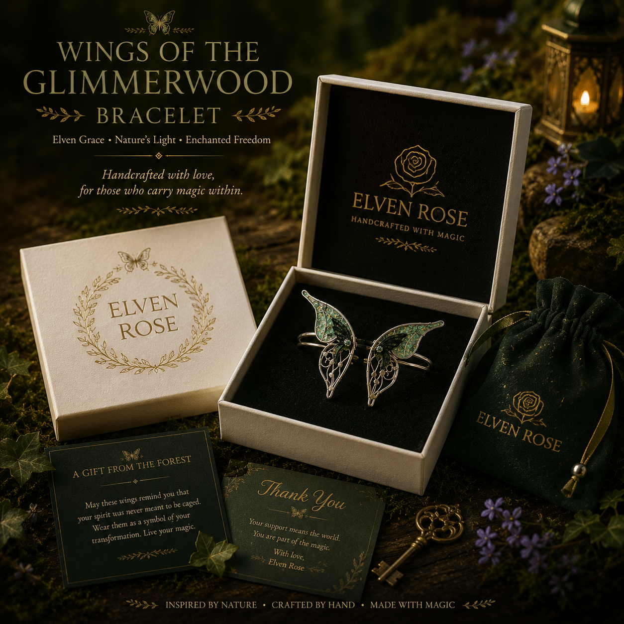 Wings of the Glimmerwood – Fantasy Butterfly Wing Cuff Bracelet - Elven Rose