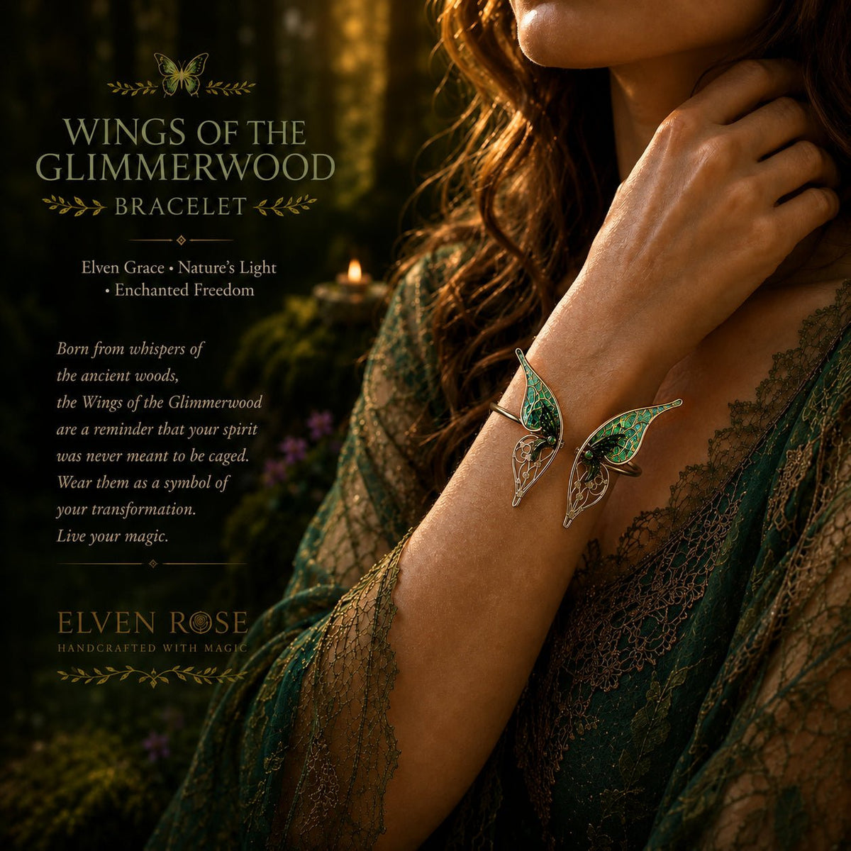 Wings of the Glimmerwood – Fantasy Butterfly Wing Cuff Bracelet - Elven Rose