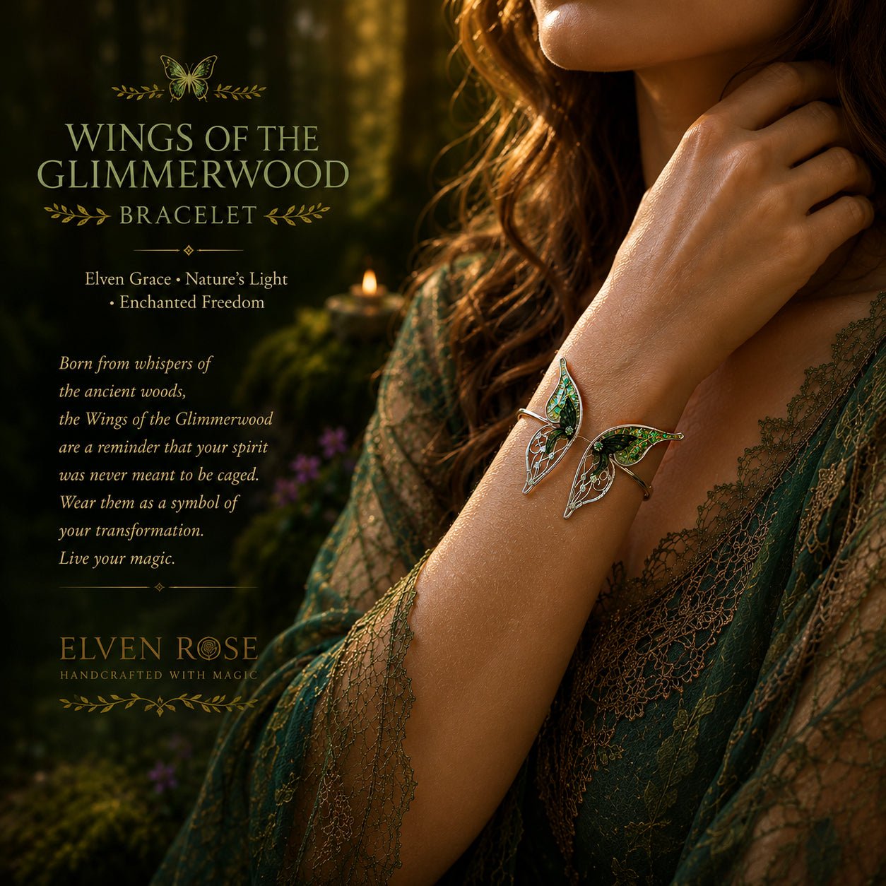 Wings of the Glimmerwood – Fantasy Butterfly Wing Cuff Bracelet - Elven Rose
