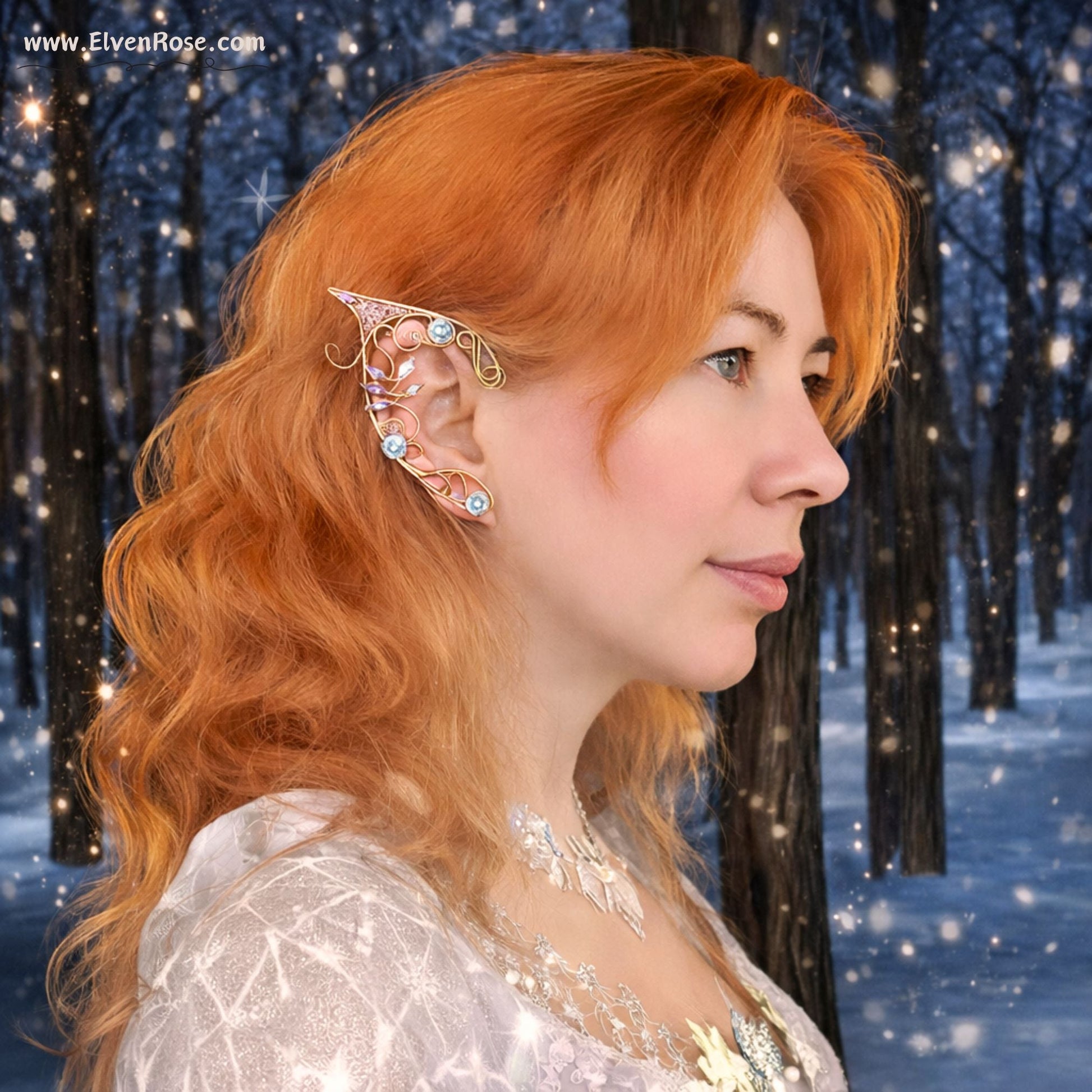 "Winter Garden" Fantasy Elf Ear Cuff Earrings - Elven Rose